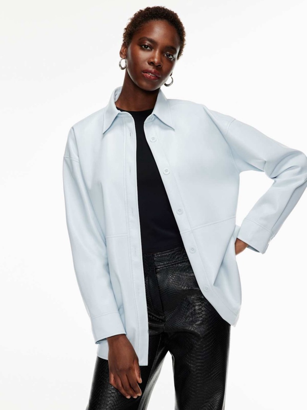 Aritzia Pale Blue Leather Shirt Jacket